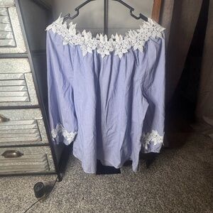 Lace Trim Off-Shoulder Blue lakeside picnic romance whimsy  Women’s Top
